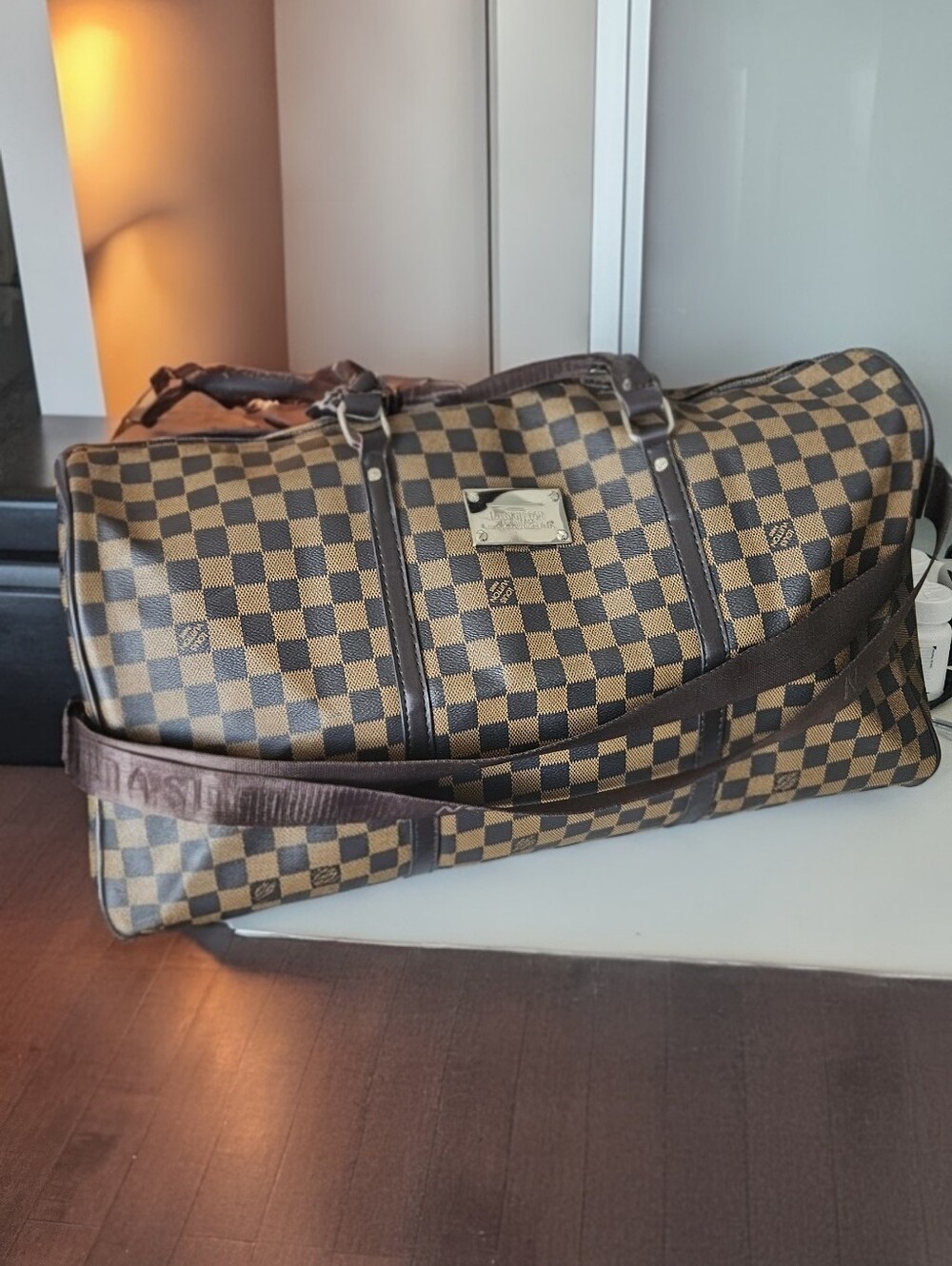 Brown Checkered Duffel Bag